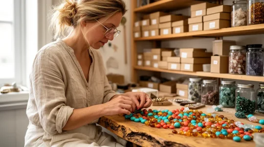 Créatrice bijoux examinant des perles naturelles variées sur son plan de travail
