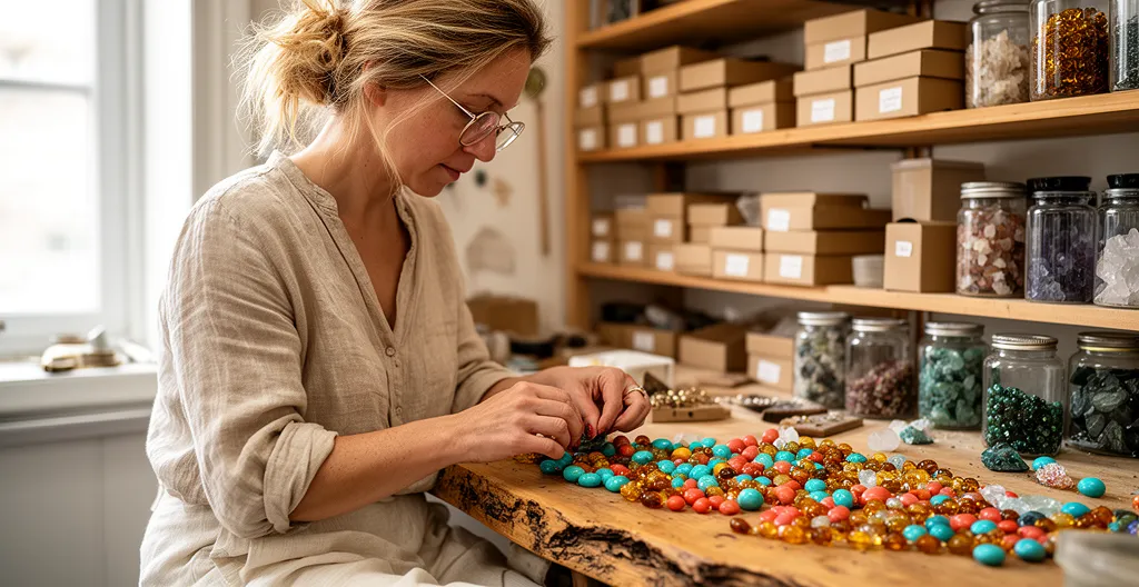 Créatrice bijoux examinant des perles naturelles variées sur son plan de travail