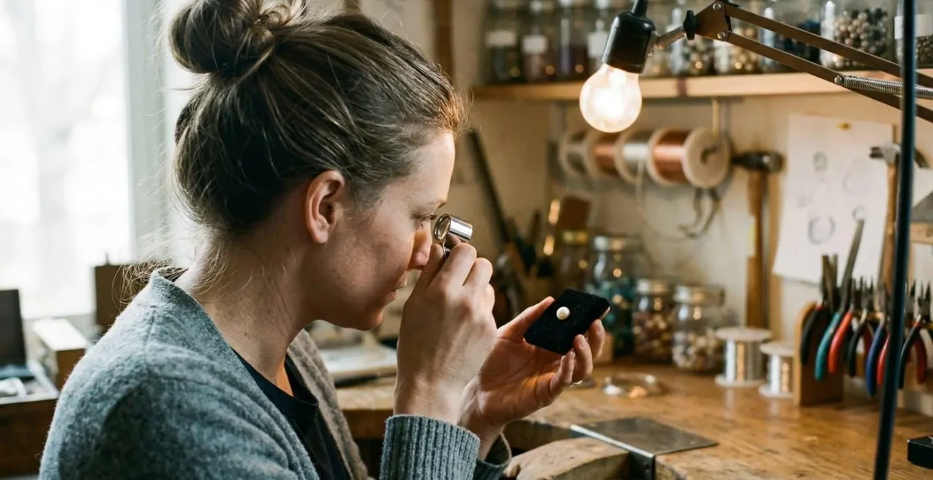 Artisane examinant une perle à la loupe dans son atelier, vue par-dessus l'épaule avec l'établi et les outils en arrière-plan flouté