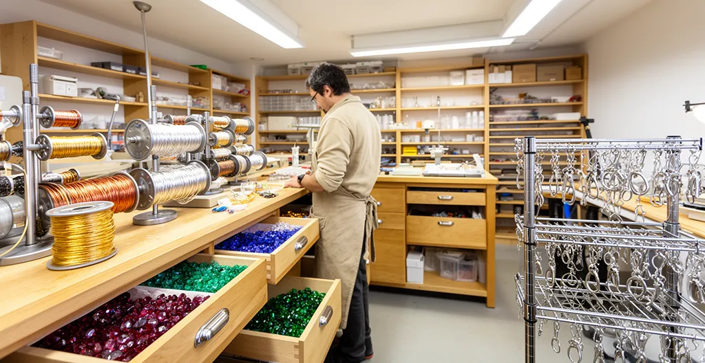Atelier de création bijoux organisé avec tiroirs de pierres et présentoirs d'apprêts