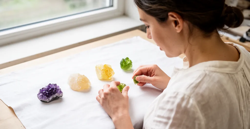 Créatrice bijoux comparant deux lots de pierres semi-précieuses sous lumière naturelle