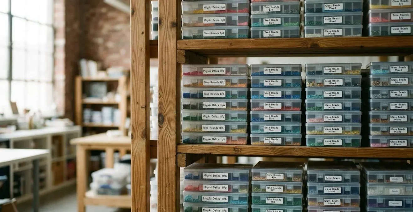 Rangées de boîtes de perles étiquetées sur des étagères en bois dans un espace de stockage organisé suggérant un approvisionnement professionnel structuré
