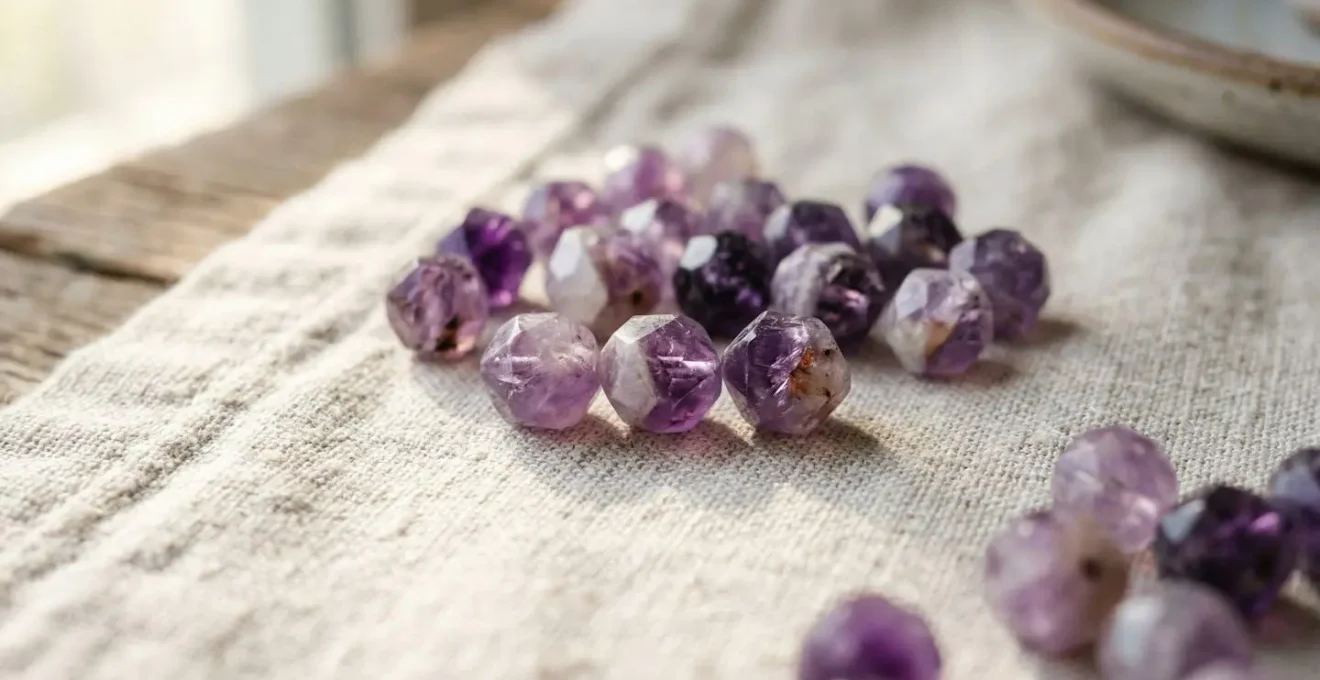 Plan rapproché de perles en améthyste de teintes légèrement différentes étalées sur un tissu clair, illustrant l'hétérogénéité naturelle d'un lot