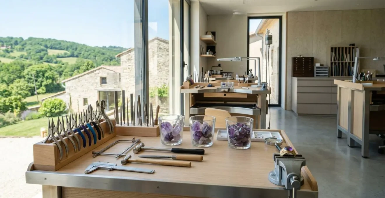Vue d'ensemble d'un établi de bijouterie moderne avec plusieurs coupelles transparentes contenant des améthystes de teintes violettes variables, outils de sertissage et lumière naturelle entrant par la fenêtre