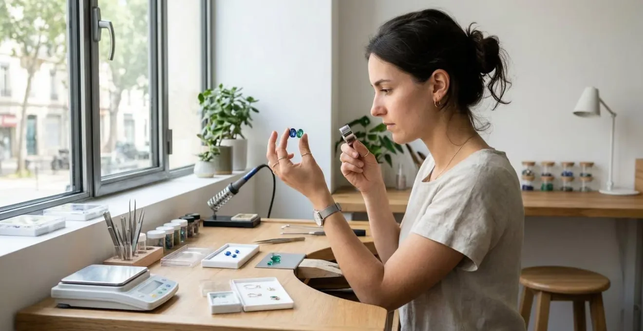 Créatrice de bijoux vue de profil en train de comparer deux pierres fines à contre-jour devant une fenêtre dans un atelier moderne épuré, concentration sur le geste professionnel