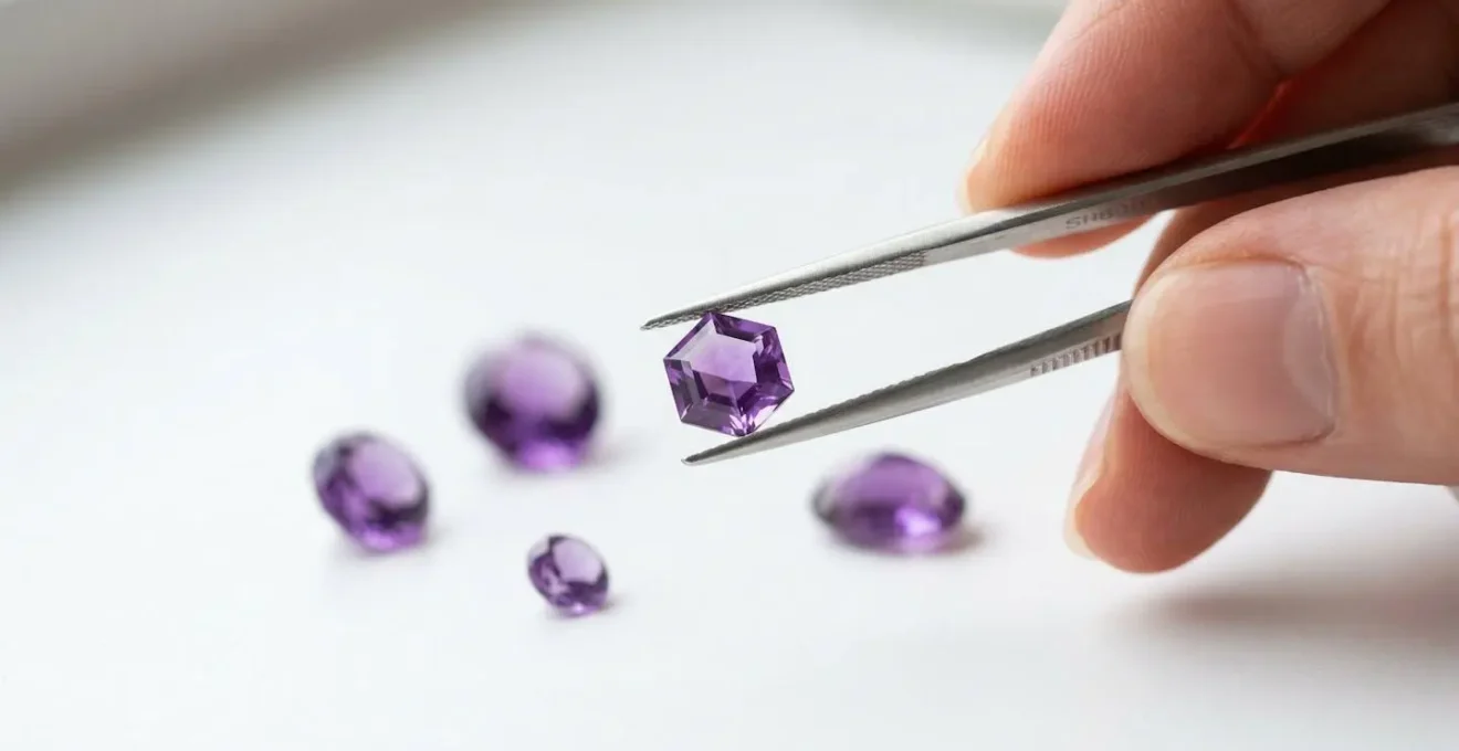 Gros plan sur une main tenant une pince de bijoutier avec une améthyste violette, quatre autres pierres de la même famille posées sur un plan de travail blanc présentant des variations de teinte du pâle au saturé
